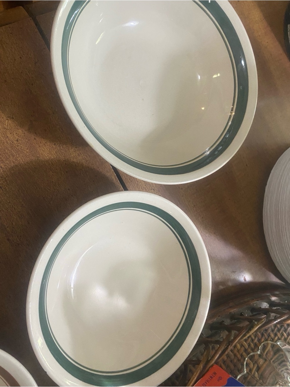 Classic White Ceramic Bowl with Green Rim